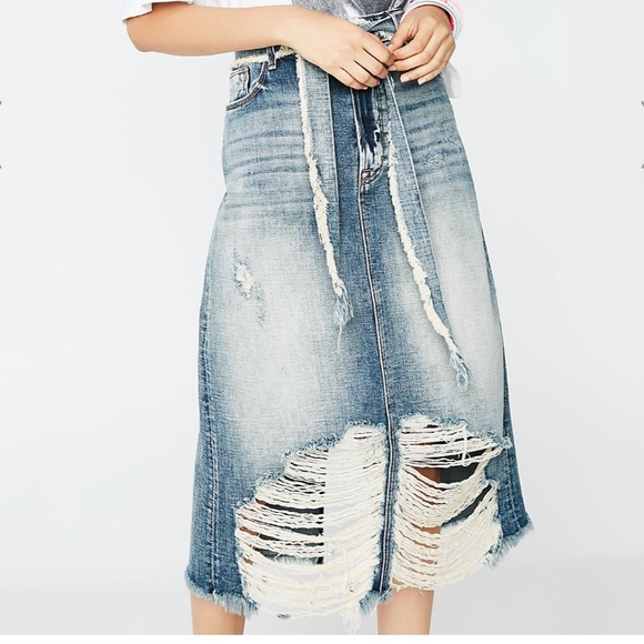 distressed long denim skirt